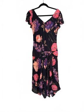 R&M Richards Vintage Y2K Black Floral Drop Waist Cap Sleeve Midi Dress Size 10